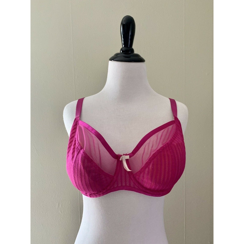 Pour Moi? bra size 38D bright pink lined stripe mesh underwire
